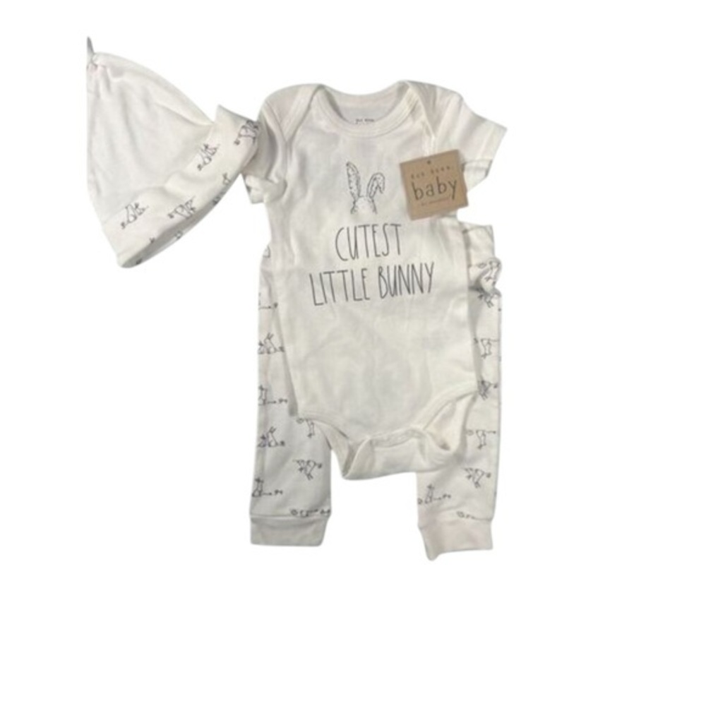 Rae Dunn Baby Cutest Little Bunny Easter Outfit Hat Bodysuit & Pants NWT Sz 6-9M